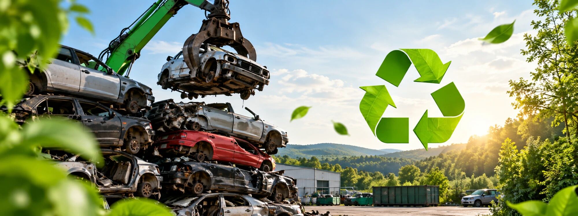 Drapák nakládá autovraky, symbol recyklace a zeleň