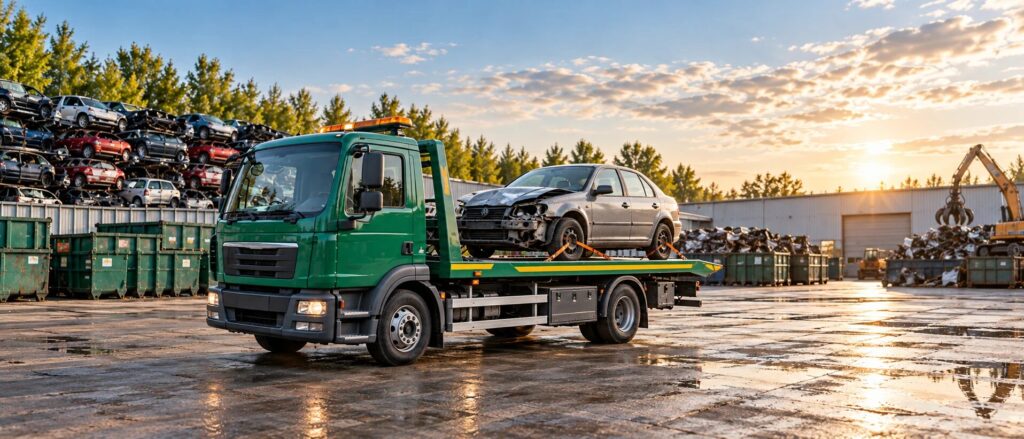 Zelené odtahové vozidlo s autovrakem na dvoře kovošrotu
